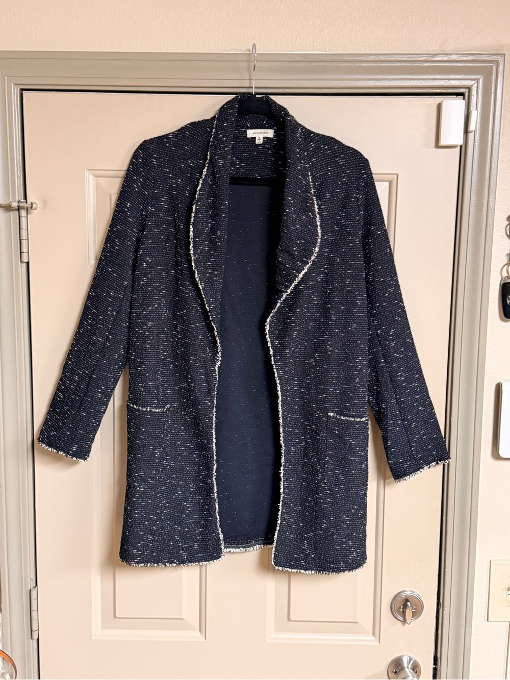Max Studio Women’s Size Medium Dark Tweed with White Trim Open-Front Coat